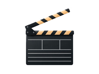 Fototapeta premium Classic Black Movie Clapperboard with Orange and Yellow Stripes Open on Black Background film clapper, Isolated On Png Transparent Background