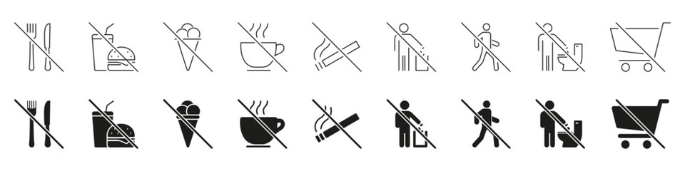 No Entry Symbols Icon Set. Prohibition Of Eating, Drinking, Smoking, Littering, Walking, Urinating and Shopping Outline And Silhouette Symbol Collection. Isolated Vector Illustration