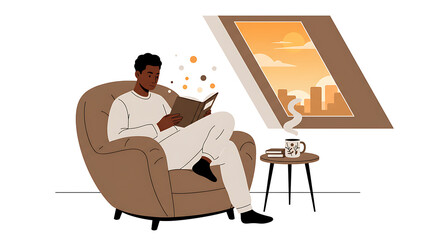 Young African American Man Reading Book in Cozy Armchair by Window with Urban Sunset View