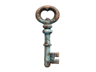 Isolated macro closeup of a rusty old antique metal key and chain, Isolated On Png Transparent Background