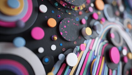 Abstract geometric shapes in vibrant colors on a dark background.  Close-up view, layered circles, dots, and lines create a dynamic composition