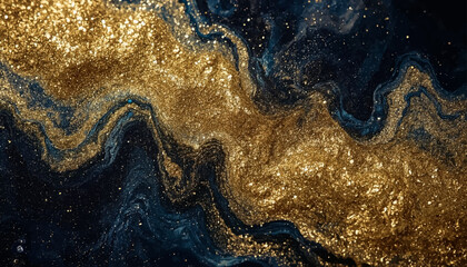 Abstract fluid art with deep rich blues and golds
