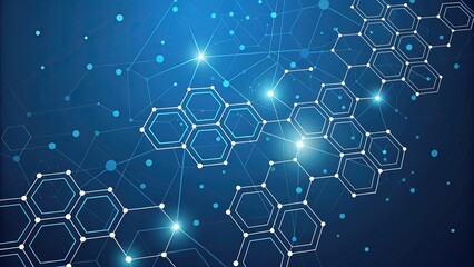 Dynamic digital network with interconnected nodes and hexagonal shapes against a vibrant blue backdrop