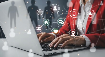 Business professional using a laptop with a digital network of people and communication icons connecting them in a modern office setting