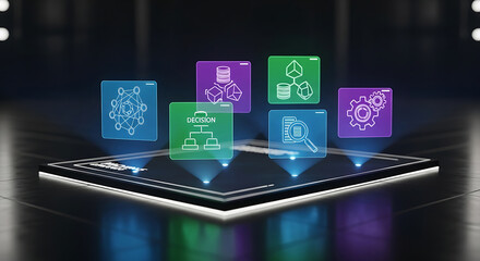 Futuristic Blockchain Technology Concept with Glowing Icons on a Dark Background