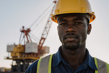 confident worker in safety gear standing in construction site with crane at sunny industrial location
