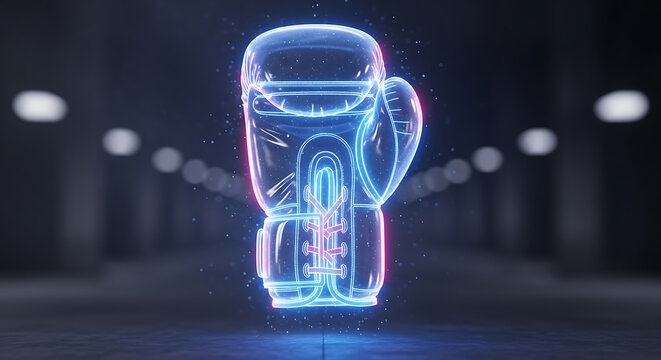 Futuristic Boxing Glove with Neon Glow and Digital Particles Sport Technology
