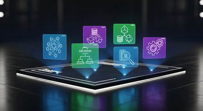 Futuristic Blockchain Technology Concept with Glowing Icons on a Dark Background