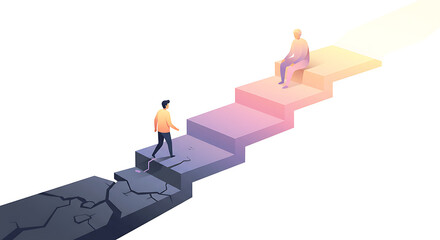 Personal Growth Journey: Man Overcomes Challenges Climbing Illuminated Steps Towards Success and Mentorship