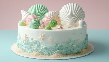 Seashell-themed cake on pastel backdrop