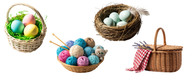 Collection of themed baskets for Easter, picnics, and knitting hobbies.