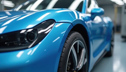 Close-up of shiny blue car body with reflections in industrial workshop. Automotive detailing focuses on pristine automotive paint, finish. Modern vehicle surface shows clean quality craftsmanship,