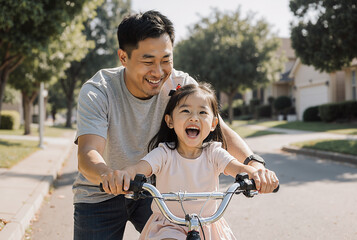 father teaching excited young daughter to ride bike on sunny suburban street with trees and houses