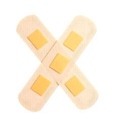 Two adhesive bandages crossed forming an x shape isolated on transparent background