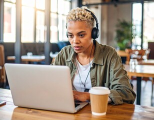Obraz premium Woman working on laptop at café table,