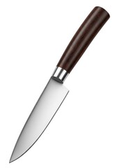 A stainless steel utility knife with a dark wooden handle