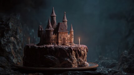 Fototapeta premium Spooky Haunted Castle Cake with Flickering Candles in Dark Environment