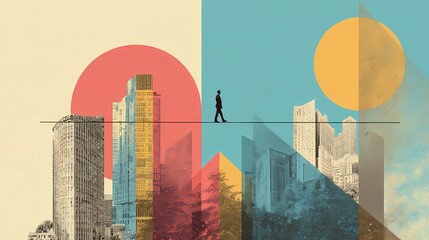 Obraz premium Silhouette walking tightrope between skyscrapers