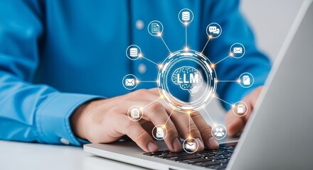 Person using a laptop with a glowing network of icons and the letters llm in the center, representing artificial intelligence and machine learning concepts