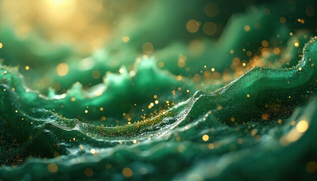 Abstract emerald green liquid swirls with golden glitter, bokeh effect. Fluid motion with varying depth of field creates luxurious, magical feel. Ideal for festive backgrounds fantasy themes,