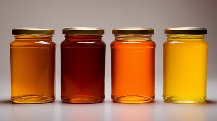 A row of glass jars filled with different types of honey in golden, amber, and dark shades on a neutral background, concept of natural sweet product.