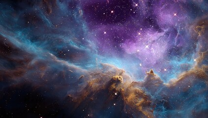 Fototapeta premium Cosmic nebula swirls in vibrant hues of purple, blue, and gold, dotted with distant stars. Vast, swirling clouds of gas and dust