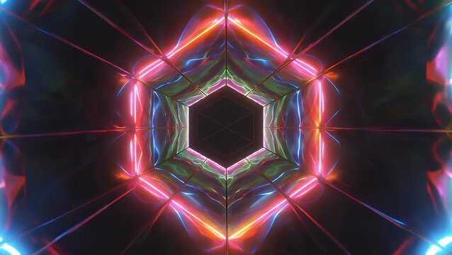 explore futuristic neon design seamless 4K animation with a looping pentagonal square glowing brightly against a black background colorful geometric light frames pulsing rhythmically as a stylish