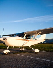 Small white airplane on a tarmac at dawn