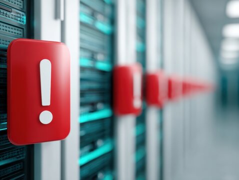 Modern Server Error Alert Sign in Data Center Premium Professional Tech Image for Cybersecurity Marketing and IT Outage Prevention Campaigns