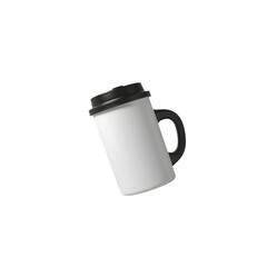 White travel mug with black lid and handle isolated on transparent background