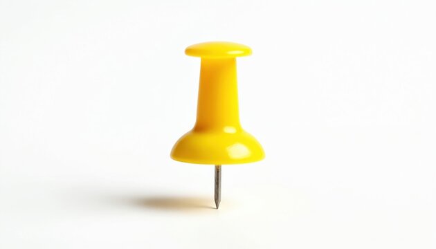 Bright yellow push pin isolated on clean white background. This common office supply, also known as a, features a plastic top and sharp metal needle for attaching notes or documents.