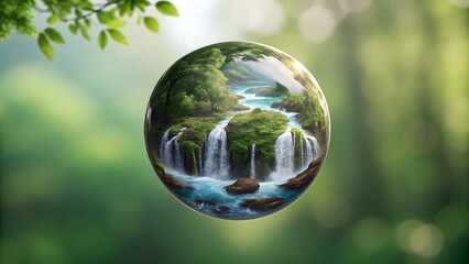 Verdant waterfall captured within crystal sphere river