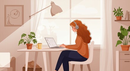 A woman with headphones working on a laptop at a desk in a cozy room