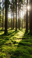 Obraz premium Sunlight Filtering Through Dense Forest with Mossy Ground Cover.