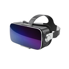 Modern virtual reality headset with reflective lenses and adjustable strap isolated on transparent background