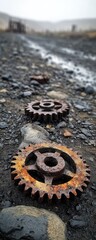 Rusty gears scattered along a rocky stream bed