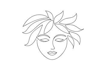 A continuous line drawing a female face with laurel leaves Continous line woman