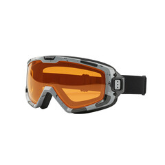 Modern ski goggles with orange tinted lens and adjustable strap isolated on transparent background