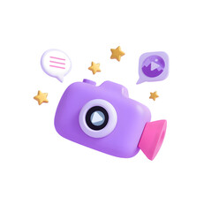 Purple 3d camera with speech bubbles and stars isolated on transparent background