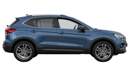 Sleek blue crossover SUV showcasing modern design with dynamic lines and reflective surfaces on