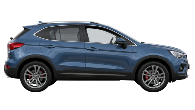 Sleek blue crossover SUV showcasing modern design with dynamic lines and reflective surfaces on
