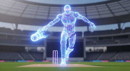 Futuristic Robot Cricket Player Bowling in Stadium