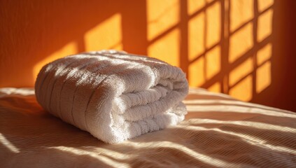 Obraz premium Folded white towel on a bed, bathed in sunlight