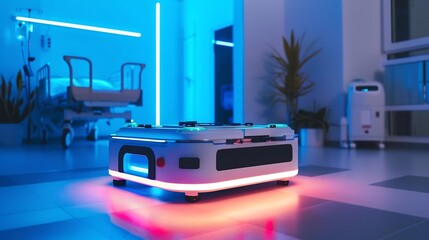 Autonomous medical delivery robot in a futuristic hospital room