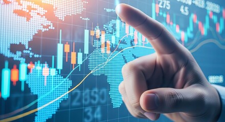 A persons finger points towards a glowing digital world map overlaid with financial stock market charts, indicating global economic analysis