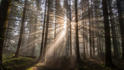 Sunlight streams through majestic forest trees creating ethereal, breathtaking natural light, evoking peace and tranquility