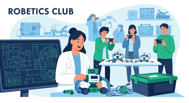 Enthusiastic robotics club members engaging in hands on robot construction project