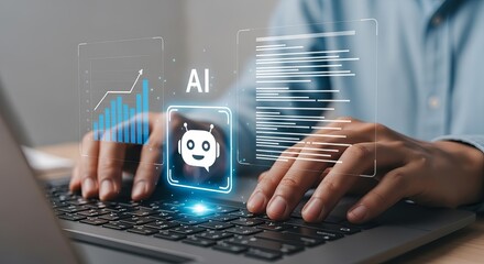 Closeup of a persons hands typing on a laptop with glowing ai and chatbot interface with data analytics charts on screen