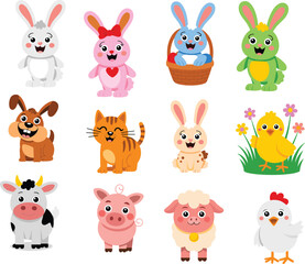 Cute cartoon farm animals collection, Easter bunnies, chicks, pig, cow, dog, cat vector set, kids clipart, colorful illustration