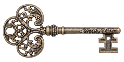 Ornate Antique Key, Isolated on Transparent Background, Vintage Design, Metal, Secret, Antique, Skeleton, Lock